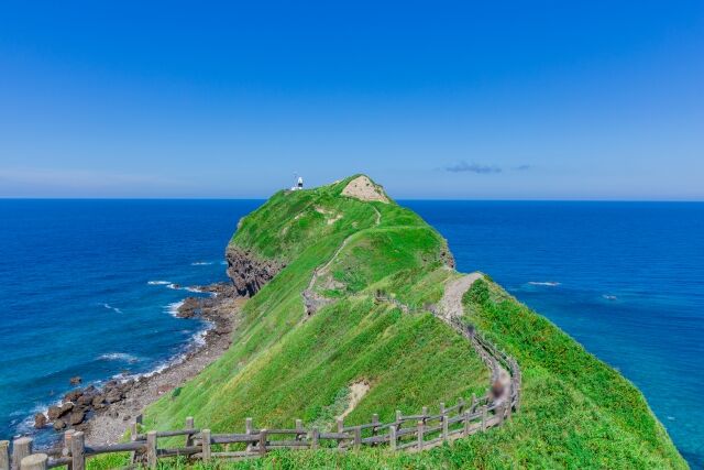 The narrow ridge path running out along the green spine of Cape Kamui to the lighthouse at its tip, sea on both sides
